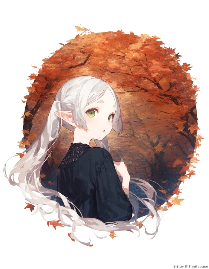 Autumn motive - Anime, Anime art, Sousou no Frieren, Frieren, Elves, Forest, Autumn, Neural network art