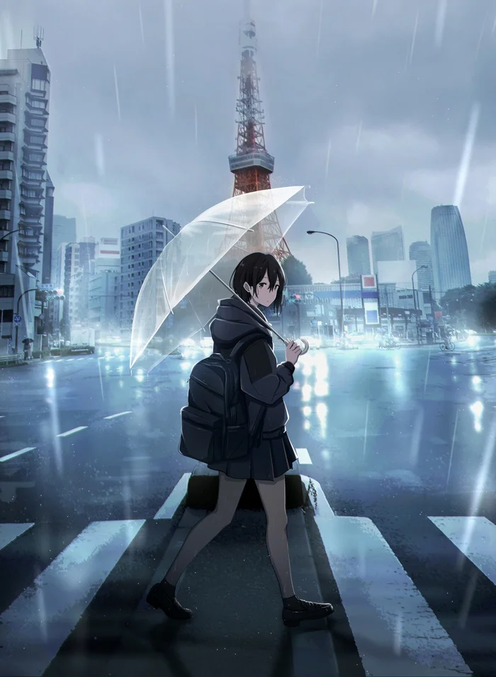 Tokyo Tower - Аниме, Anime Art, Original Character, Девушки, Дождь, Япония