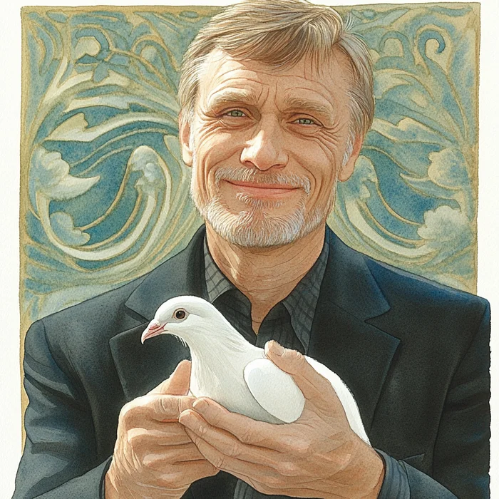 Alexander Yakovlevich Mikhailov is 80! Happy anniversary! - My, Neural network art, Midjourney, Pinanoc, Alexander Mikhailov, Actors and actresses, Anniversary, Birthday, Portrait, 80 years old, Love and pigeons