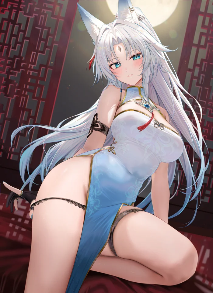 Feixiao #003 - Аниме, Anime Art, Honkai: Star Rail, Feixiao (Honkai: Star Rail), Девушки, Animal Ears, Платье, Длинные волосы, Луна, Смущение, Пирсинг, Kitsunemimi, Перчатки