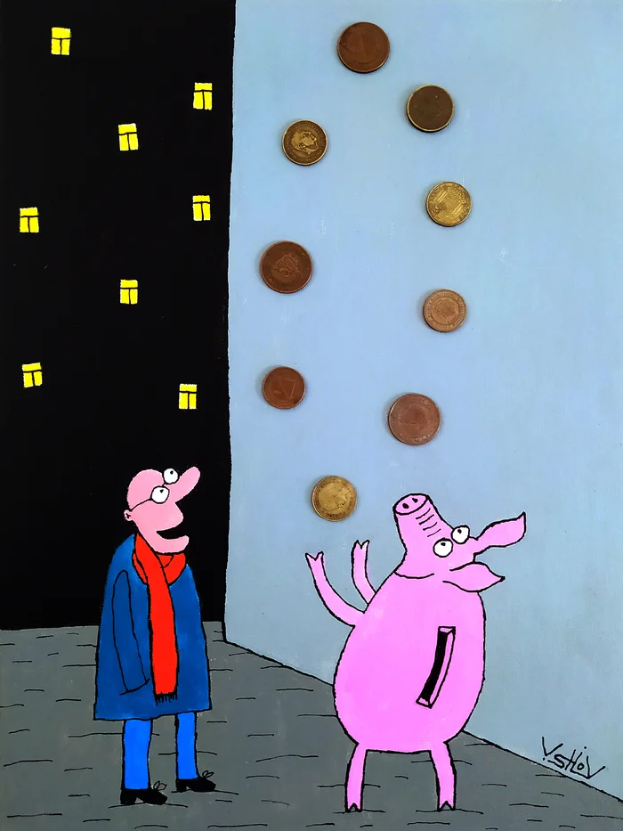 The Passerby and the Juggler - My, Painting, Acrylic, Canvas, Money, Pig, Money box, Circus