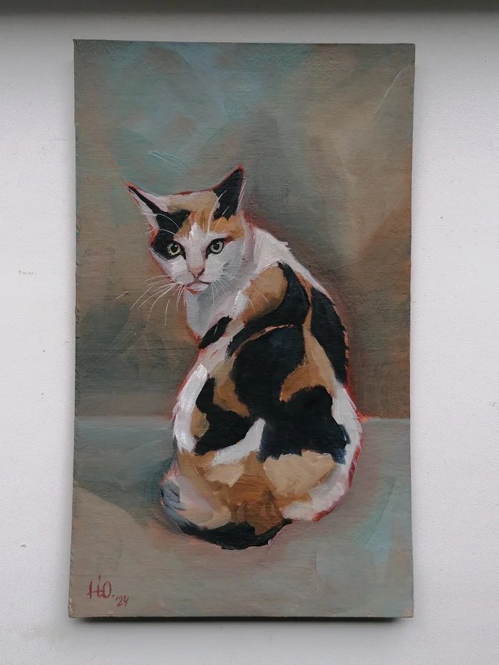 Three-color - My, cat, Pets, Painting, Oil painting, Tricolor cat, Artist, Etude, Animalistics, Author's painting, Art, Longpost