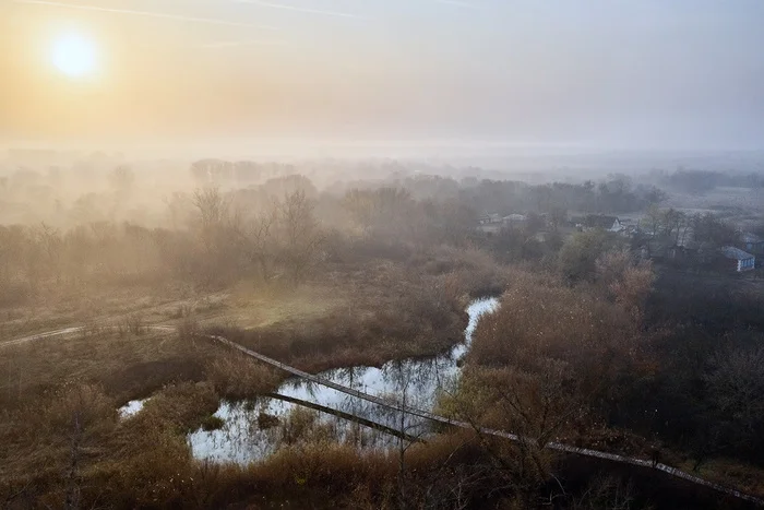 Morning in October - My, Farm, Suspension bridge, Fog, Sunrise, dawn, Landscape, Rostov region, Steppe