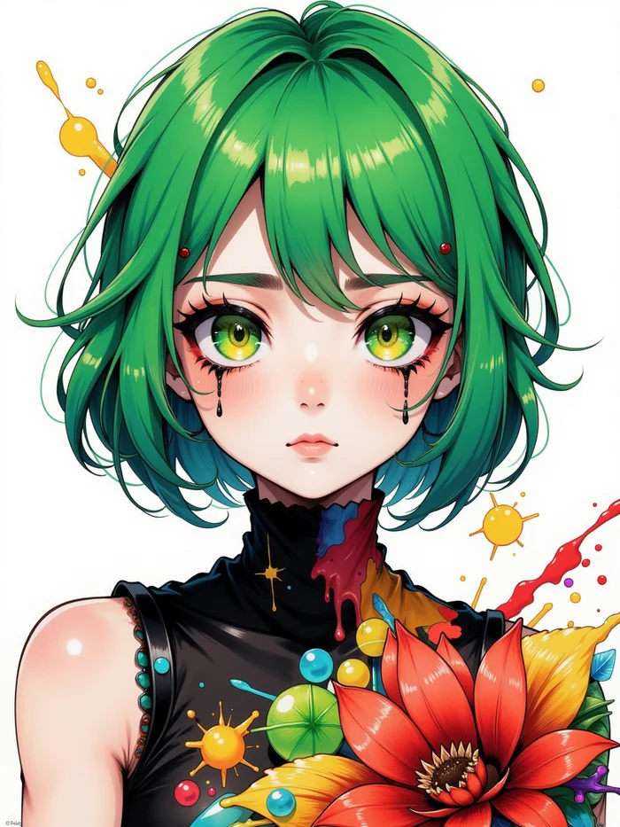 Neurotyanki #39 - My, Anime, Anime art, Neural network art, Flux, Original character, Нейронные сети, Stable diffusion, Colorful hair, Choker, Longpost