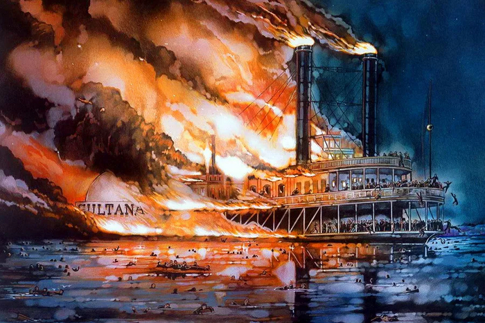 Взрыв парового котла приводил к пожару. Спасжилетами тогда не заморачивались. А ширина Миссисипи до 1,5 км. Женщины в пышных юбках и мужчины в многослойных костюмах...