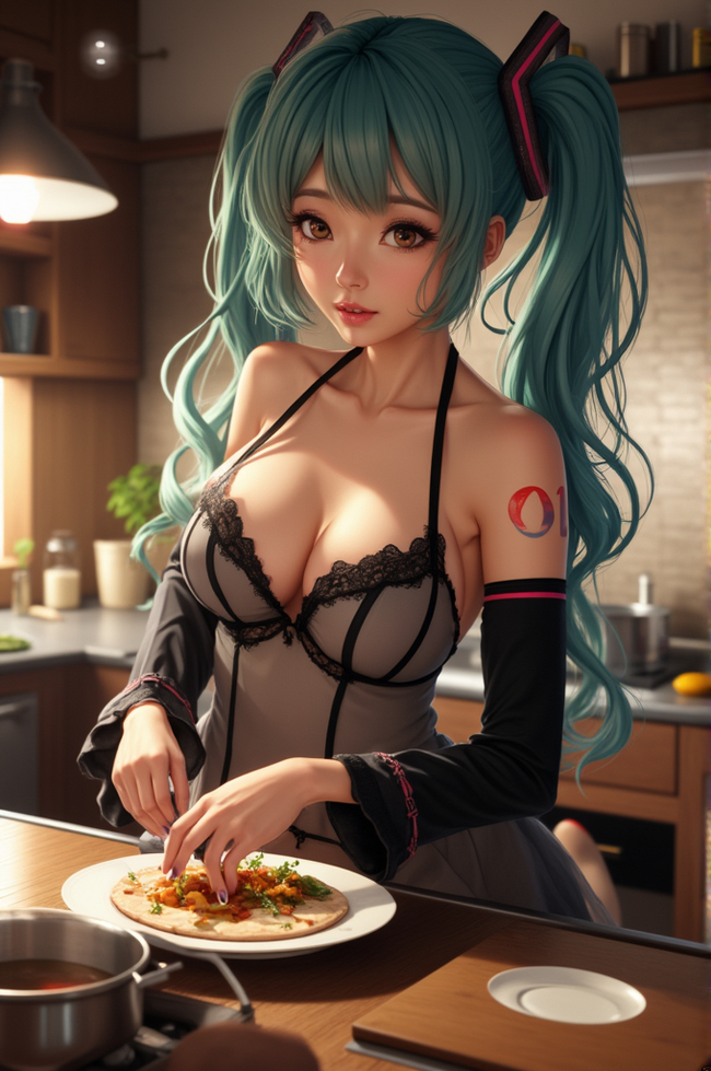 It's a long way from Friday.Let's drive Mika into the kitchen for now, let it be useful) - NSFW, My, Neural network art, Anime, Flux, Hatsune Miku, Longpost, Hand-drawn erotica, Apron, Neckline, Nightie, Anime art