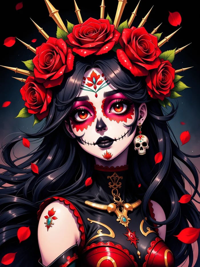 Нейротянки #40 (Da de los Muertos) - Моё, Аниме, Anime Art, Арты нейросетей, Flux, Original Character, Нейронные сети, Stable Diffusion, День мертвых, Длиннопост