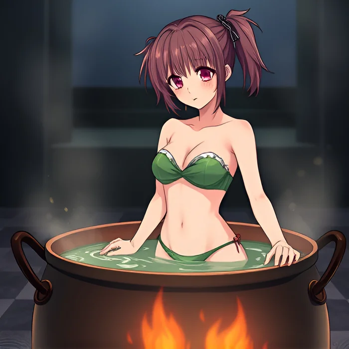 Ladies in cauldrons - Girls, Bathing, Swimsuit, Anime, Bikini, Boiler, Boiling water, Art, Women, Longpost