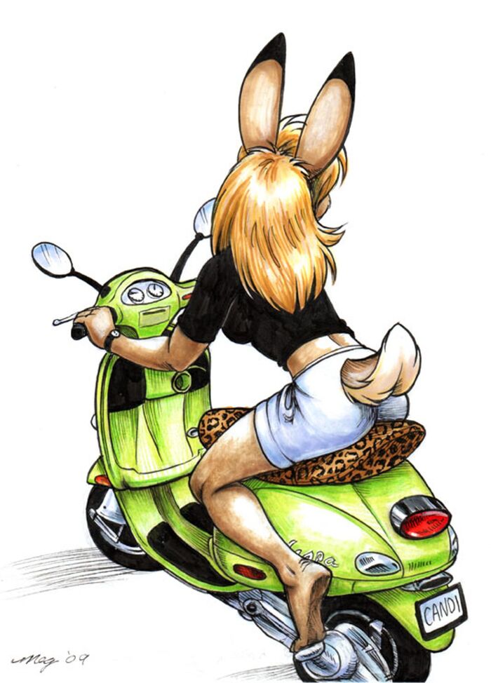Candi on a green Vespa , , Furry rabbit, , Vespa