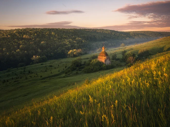 Утро у старой церкви - Моё, Фотография, Россия, Рассвет, Река, Тульская область, Красивая меча, Церковь, Туман