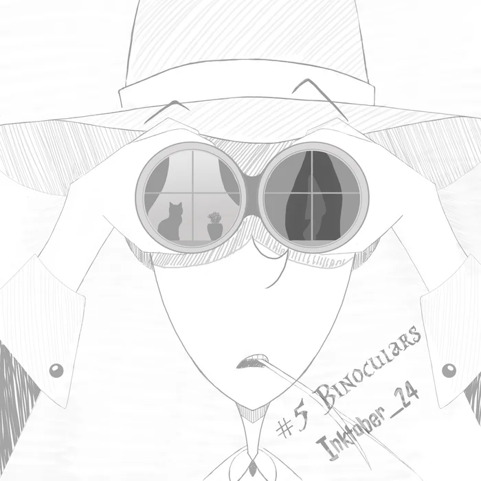 5/31 Binoculars/Binoculars. KettliNekly - My, Art, Drawing, Digital drawing, Inktober, Sketch, Humor, Binoculars, Characters (edit), Detective, Cartoons, Illustrations, 2D, cat, Peeping