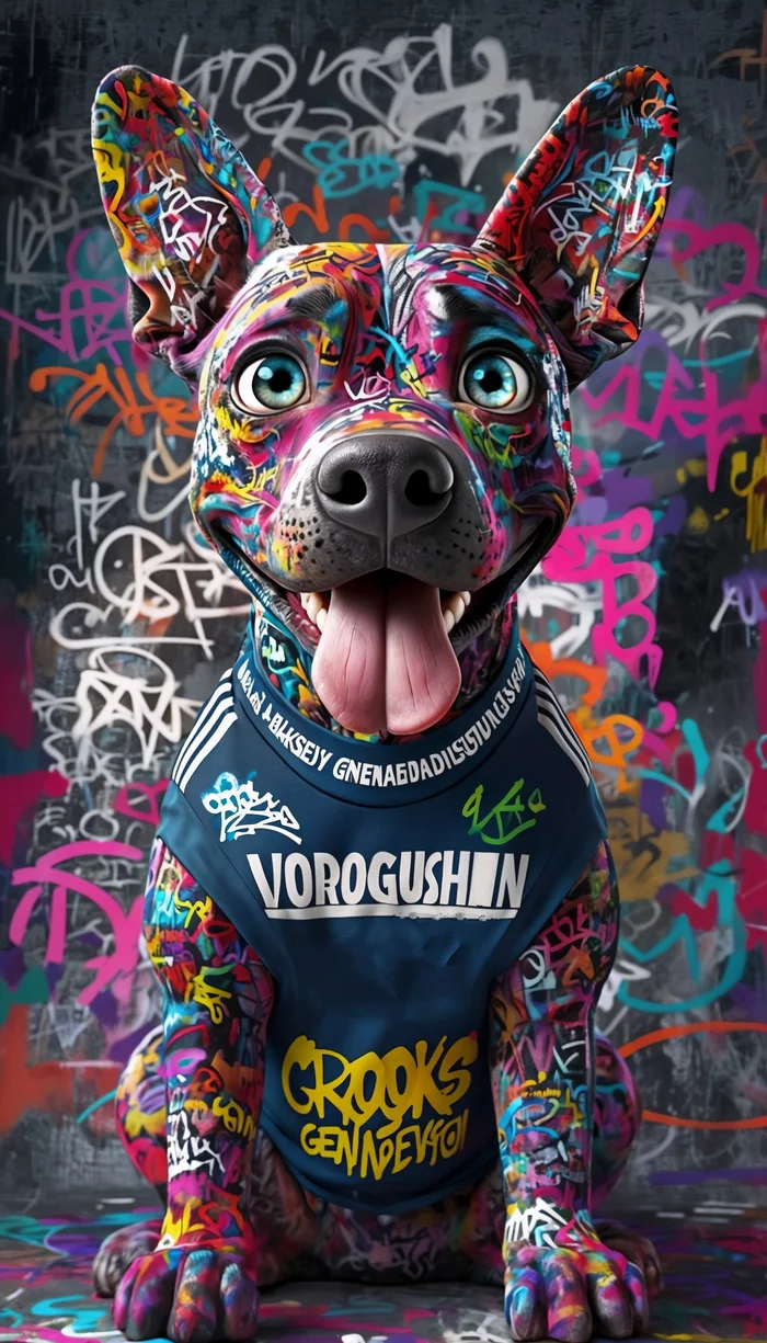 Contemporary artist: Vorogushin Alexey Gennadievich. Bright abstract dog in street art style with elements of surrealism. AI artist - My, Digital, Dall-e, Нейронные сети, Phone wallpaper, Neural network art, Art, Street art, Desktop wallpaper, Art, Modern Art, Computer graphics, Dog, Artificial Intelligence, Digital drawing, Surrealism, Abstraction, Abstractionism, Longpost, Graffiti