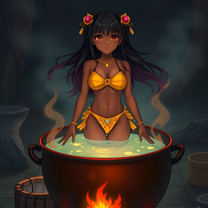 Dark-skinned girls in cauldrons - Girls, Bathing, Swimsuit, Bikini, Anime, Boiler, Boiling water, Women, Art, Longpost