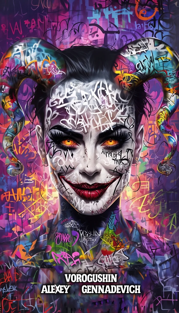 Contemporary artist: Vorogushin Alexey Gennadievich. Bright abstract Harley Quinn in street art style with elements of surrealism. AI artist - My, Dall-e, Digital, Нейронные сети, Phone wallpaper, Neural network art, Harley quinn, Desktop wallpaper, Girls, Marvel, Modern Art, Longpost, Graffiti