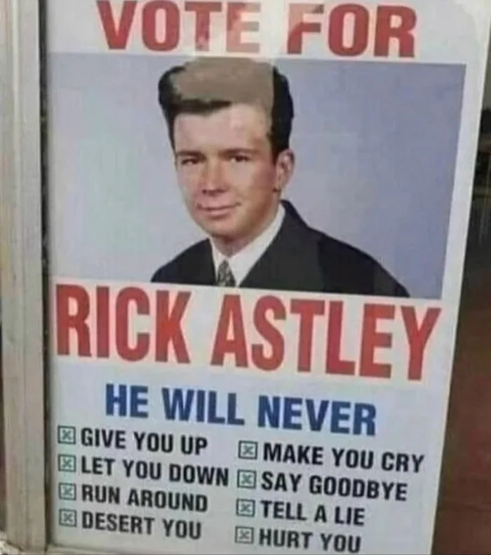 Reply to the post Who to vote for? - US elections, Donald Trump, Kamala Harris, Rick astley, Ricroll, Humor, Picture with text, Reply to post, Repeat, Without translation