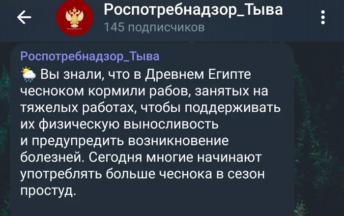 Тувинский Роспотребнадзор рекомендует бороться с раком чесноком. Внезапно напомнив, что чесноком кормили рабов в Египте - Роспотребнадзор, Россия, Чеснок, Республика Тыва, Народная медицина, Рак и онкология, Telegram (ссылка)