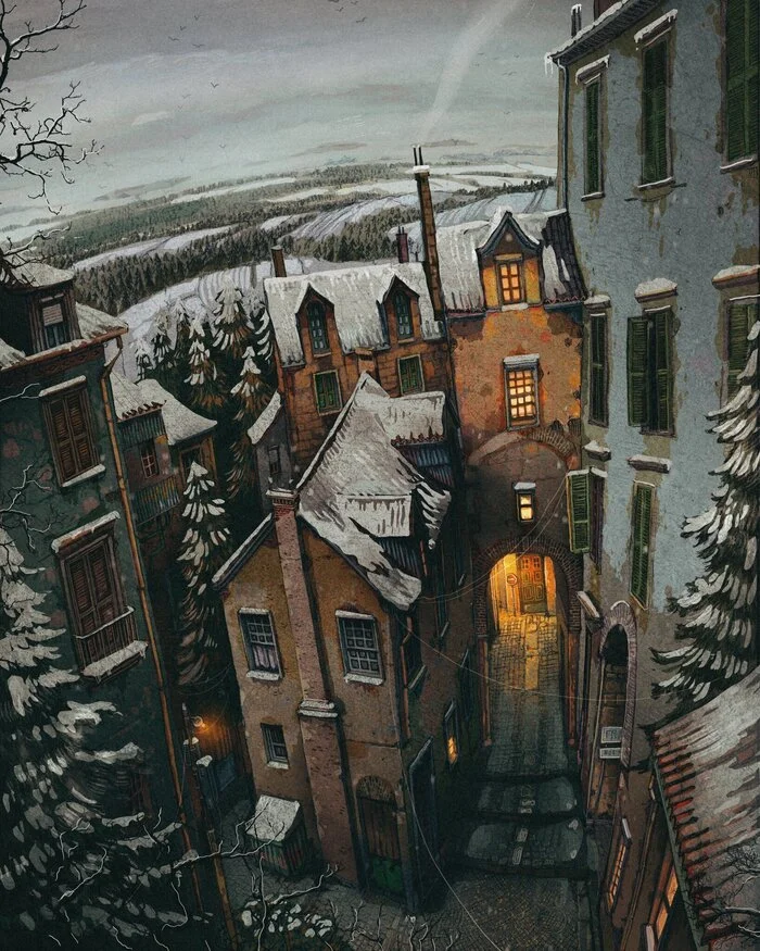 There is no one on the street - Art, Drawing, House, The street, Winter, Town, Instagram (link)