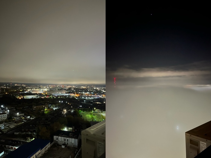 Фото с одной точки, но в два разных дня. Слева обычный вид из окна, справа самый мощный туман на моей памяти. Еще никогда не видела, что бы он поднялся так высоко и полностью перекрыл видимость. Было ощущение, что летишь в самолете)