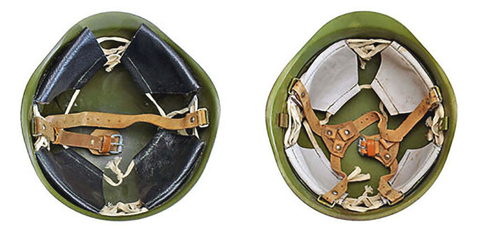 Два варианта подбородочных ремешков шлема СШ-60: с креплением в двух точках (слева) и в четырёх