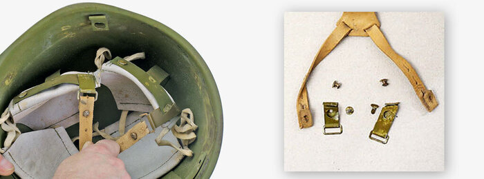 Конструкция переднего и заднего кронштейнов подбородочника в сборке с Т-образными пружинами и отдельно (передний кронштейн идентичен штатному, приклёпанному к сфере, есть даже отверстие под заклёпку)