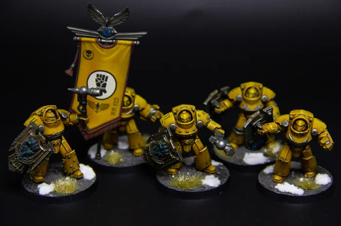 Imperial fists tartaros terminators (со знаменем) - Моё, Покраска миниатюр, Рукоделие без процесса, Warhammer, Warhammer 40k, Adeptus Astartes, Wh miniatures, Warhammer 30k, Horus Heresy, Imperial Fists, Длиннопост