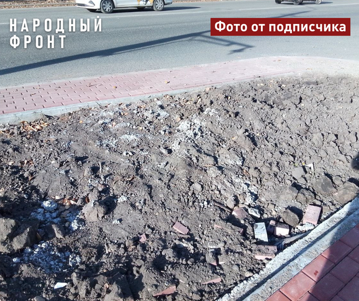 Зачем закапывать куски бетона, асфальта, бордюров и кирпичи в газон на проспекте Ленина?