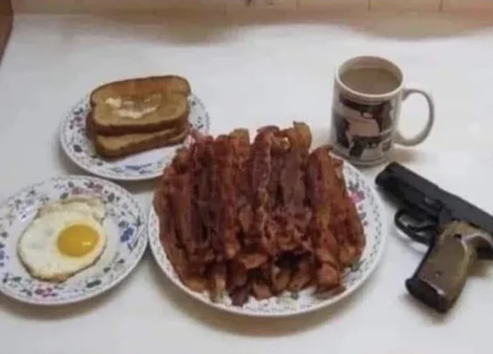 Typical breakfast in the USA - Memes, Images, Humor, The americans, Hardened, Breakfast, Weapon, Bacon, Omelette