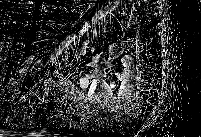 Magic Forest - Anime, Anime art, Touhou, Kirisame marisa, Alice margatroid, Shanghai Doll, Star Sapphire, Sunny Milk, Luna Child, Monochrome, Longpost