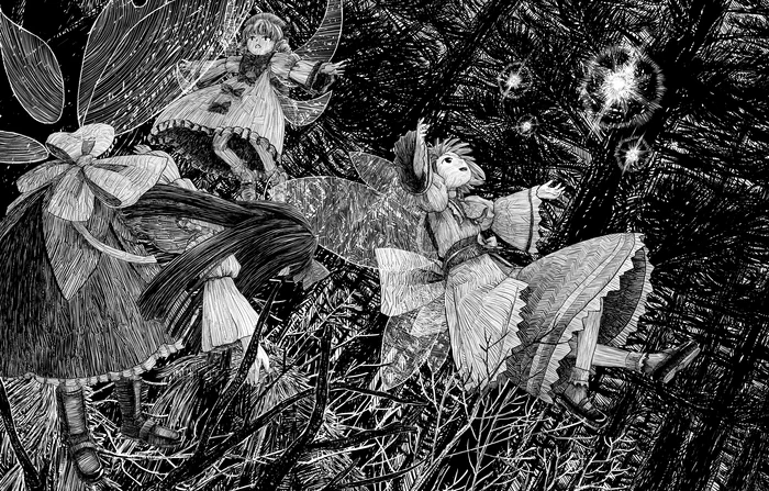 Magic Forest - Anime, Anime art, Touhou, Kirisame marisa, Alice margatroid, Shanghai Doll, Star Sapphire, Sunny Milk, Luna Child, Monochrome, Longpost