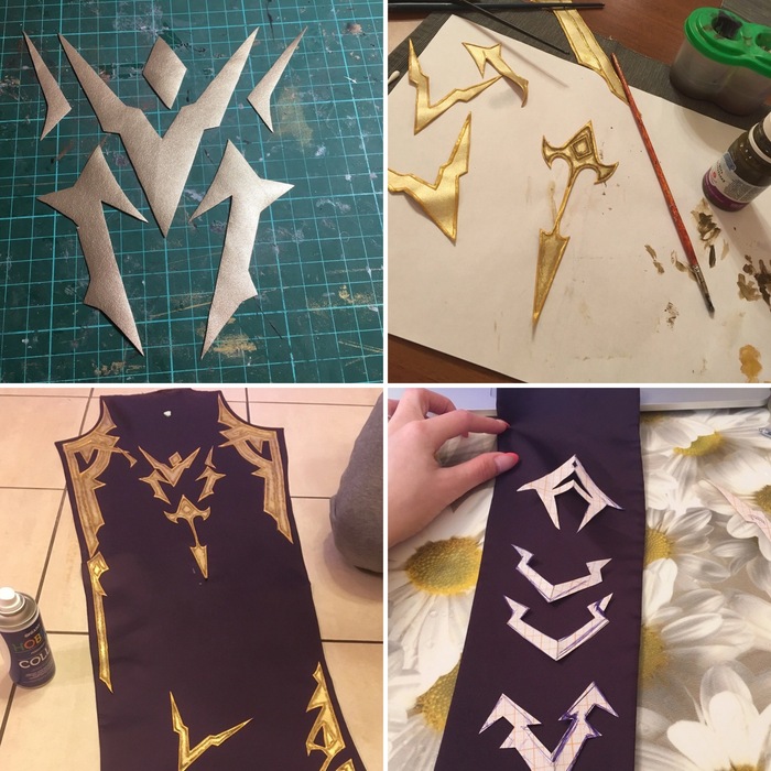 Для золотых элементов был использован золотой кожзам + контур для ткани и акриловая краска