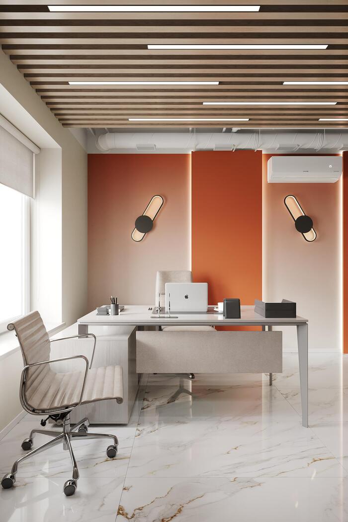 Офис: дизайн интерьера скрытого плинтуса с подсветкой в кабинета от студии Artum.
