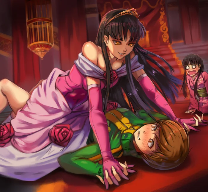 Мой принц пришел спасти меня... - Арт, Аниме, Anime Art, Persona, Persona 4, Chie Satonaka, Amagi Yukiko, Игры, Game Art, Yuri, Длиннопост