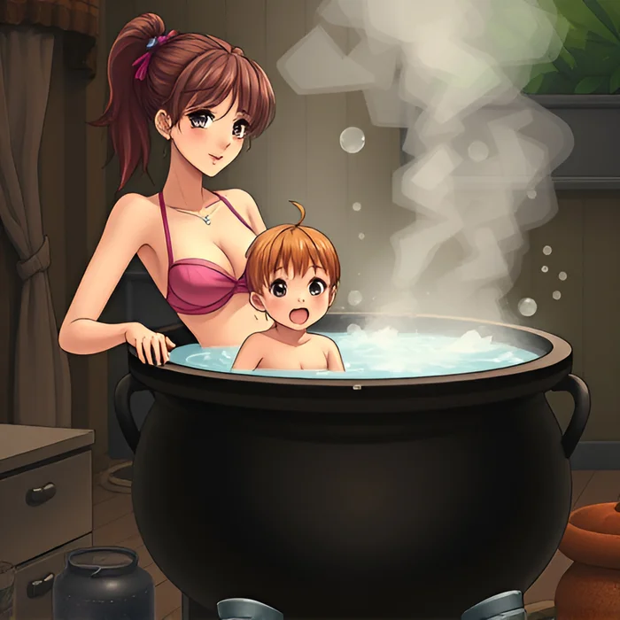 Mother and child bathing in a cauldron - Bathing, Swimsuit, Art, Anime, Women, Bikini, Boiler