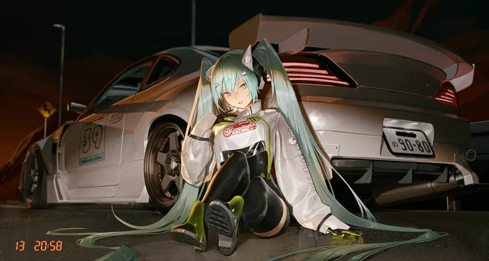 Hatsune Miku #166 - Anime, Anime art, Hatsune Miku, Racing Miku, Girls, Bodysuit, Long hair, Car, Nissan, Nissan Silvia S15, Gloves, Sitting