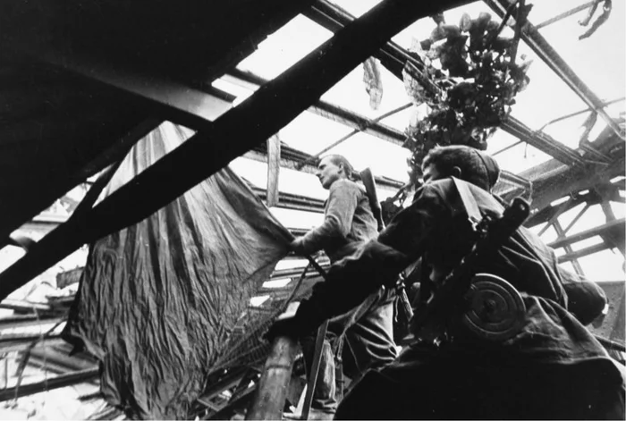 The Victory Banner over Nazi Germany on the way to the roof of the Reichstag - The Great Patriotic War, The Second World War, Military history, The photo, Black and white photo, Battle of Berlin, Meliton Kantaria, Mikhail Egorov