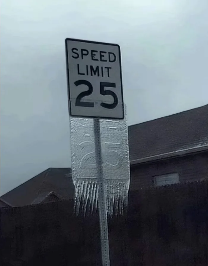 Ice is sliding off the sign - Road sign, Ice, Weather, Unusual