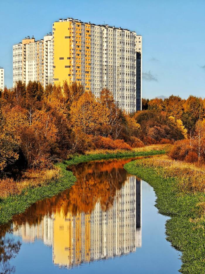 Autumn multi-storey building - My, Saint Petersburg, Town, Landscape, Autumn, River, Okhta