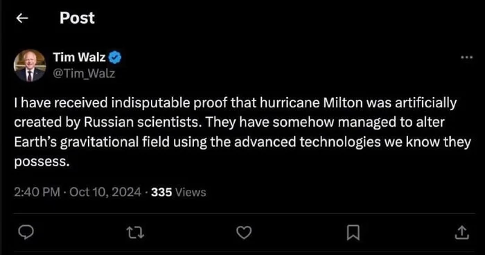 Hurricane Milton Was Man-Made by Evil Russians, Harris Team Says - Politics, Hurricane Milton, Climate weapons, Twitter