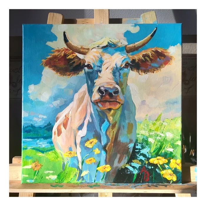 №2. Acrylic, Alla Prima, Cow) - My, Acrylic, Painting, Cow, Animals, Painting, Creation, Animalistics