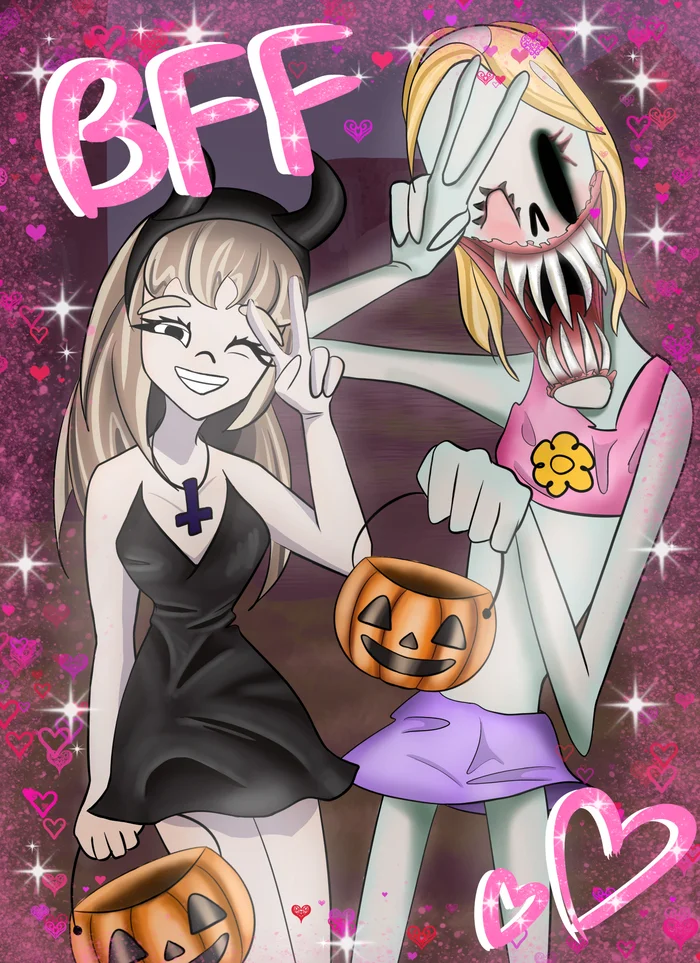 Halloween with your best friend! - My, Creation, Drawing, Artist, Digital drawing, Art, Girls, Monster, Glamor, Halloween, Mat, Longpost