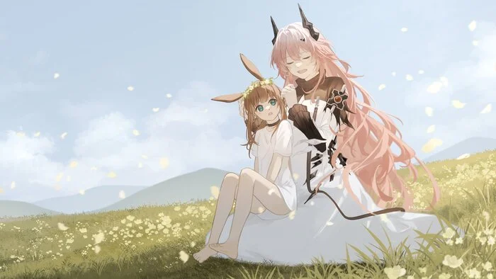 Amiya and Theresa - Anime, Anime art, Arknights, Amiya, Theresa (Arknights), Girls, Field, Flowers, Grass, Long hair, Girl with Horns, The dress, Milota