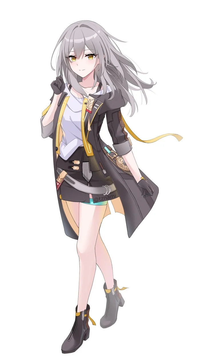 Stella #005 - Anime, Anime art, Honkai: Star Rail, Stelle (Honkai: Star Rail), Girls, Long hair, Smile, White background, Skirt, Jacket