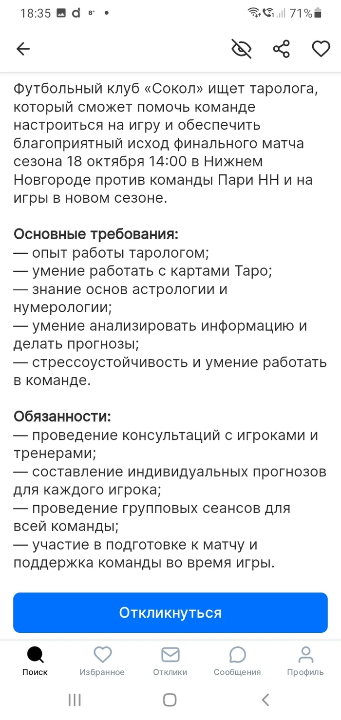 Никому работа не нужна? - Таролог, Футбол, Идиотизм, Работа, Длиннопост, Вакансии, Скриншот