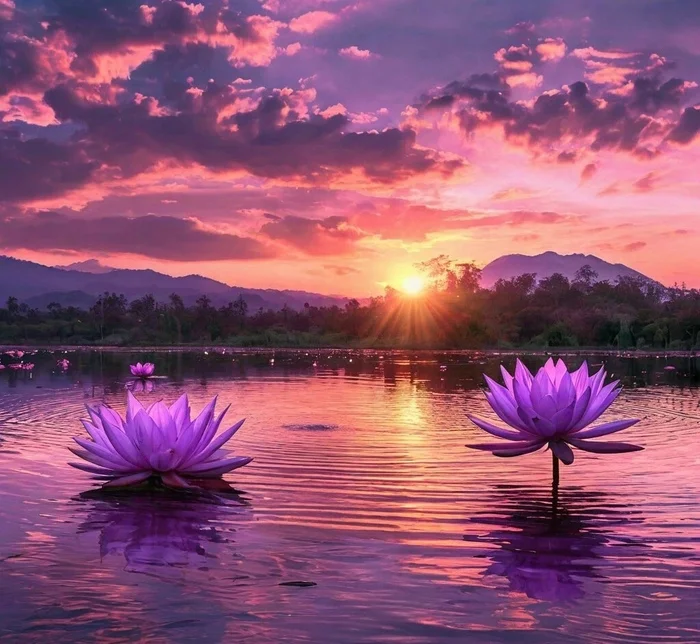 Beautiful sunset with lotus - Neural network art, Images, beauty, Peekaboo, Lotus, Sunset