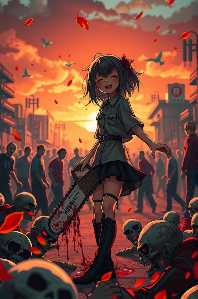 Reducing the zombie population - My, Neural network art, Anime, Flux, The zombie apocalypse, Zombie, Longpost, Blood