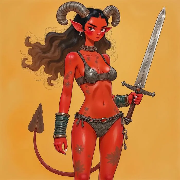 Tiefling Barbara - My, Neural network art, Pinanoc, Barbarian, Barbarian, Barbara, Tifling, Flux, Girls, Dungeons & dragons