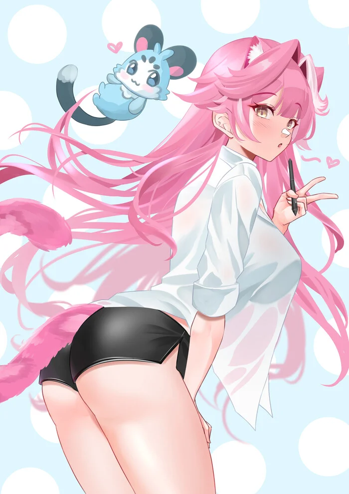 Raora Panthera #001 - Anime, Anime art, Hololive, Raora Panthera, Girls, Shorts, Animal ears, Tail, Long hair, Shirt, Virtual youtuber, Blush