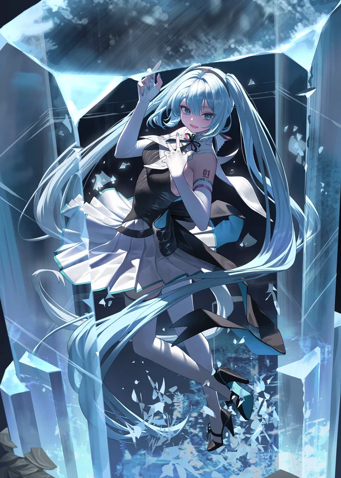 Hatsune Miku #169 - Anime, Anime art, Hatsune Miku, Vocaloid, Girls, Long hair, Ice, Shoes, The dress, Bow