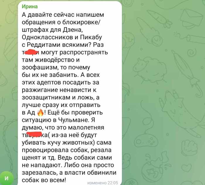 Zooshiza suggests blocking Pikabu, Yandex Zen and Odnoklassniki. She also came up with her own version of events in Chulman... - My, Murder, Radical animal protection, Schizophrenia, Crime, Dog, The crime, Chulman, Anger, Attack, Aggression, Stray dogs, Расследование, Girl, Negative