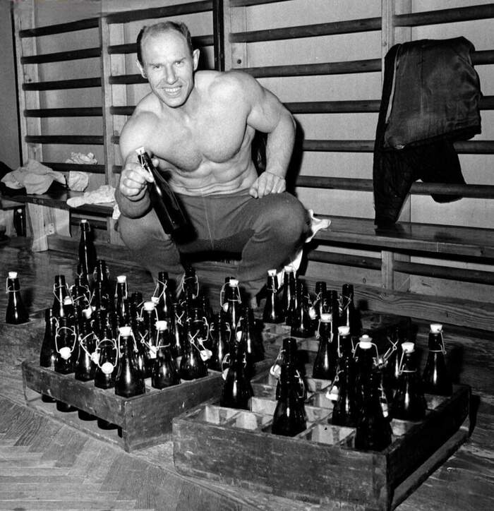 Physical education teacher - Old photo, Poland, Black and white photo, Bottle